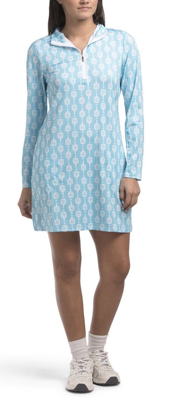 NWT Cabana Life Blue White Pickleball Long Sleeve Mini Dress UPF 50 Large Active